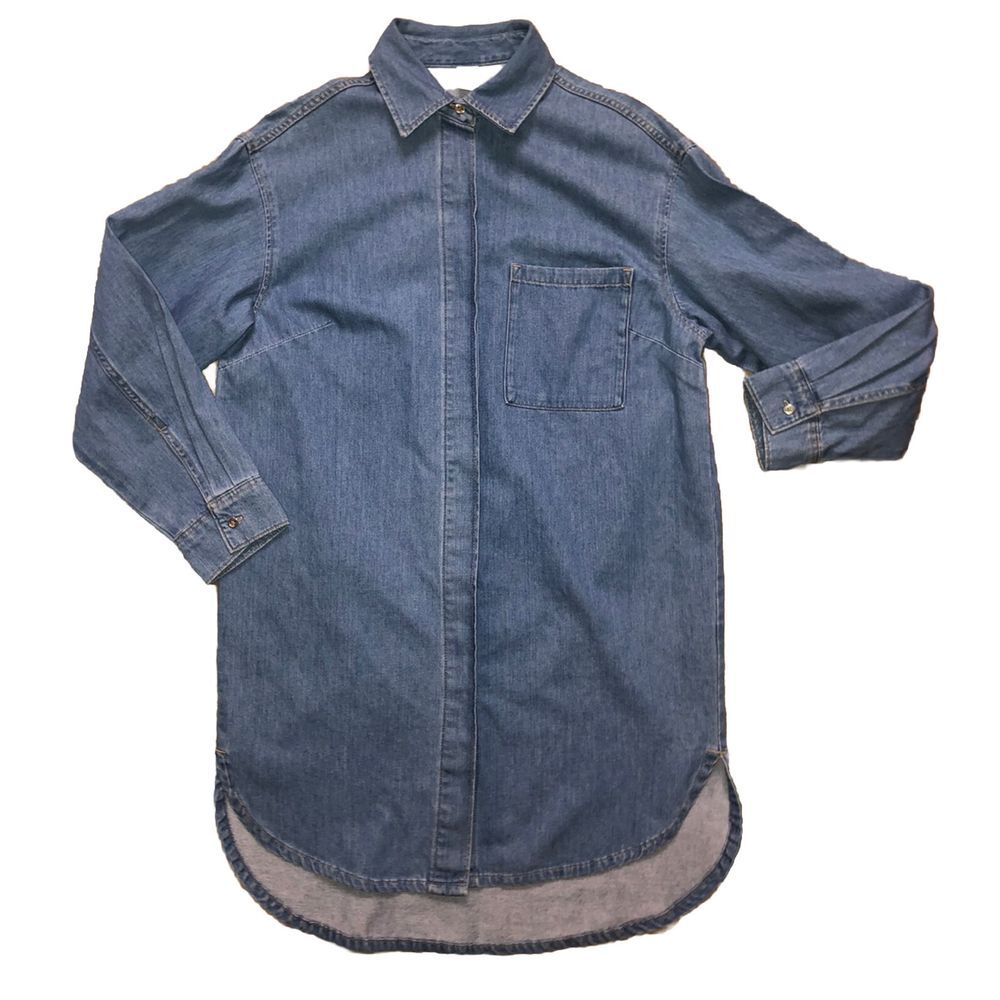 &Denim Long Sleeve‎ Oversized High Low Shirt Dress Blue Jean  XS